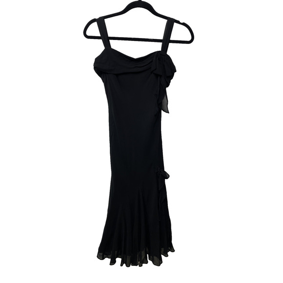 Y2K Nine West Silk Black Midi Dress Ruffle Bow Dark Fairy Witchy Coquette Whimsy - Picture 1 of 11